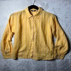 Lands End Springtime Linen Button Up Shirt Women's M Light Peach Striped Coastal